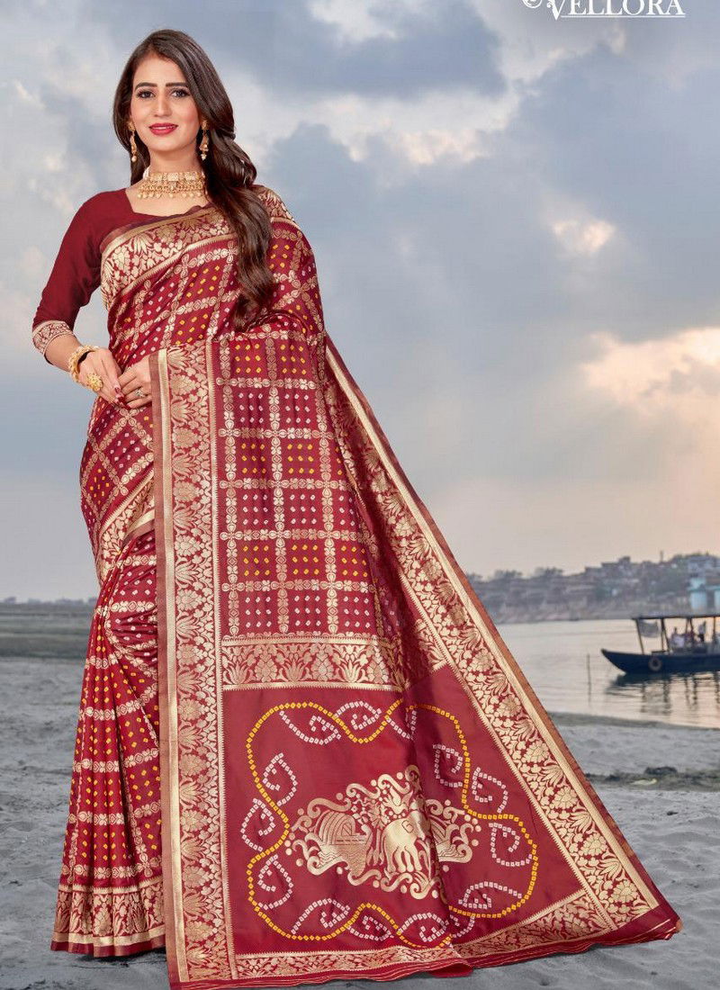 Red Colour Latest fancy Festival and wedding Wear Banarasi Silk Bandhani Designer Sarees Collections 3205